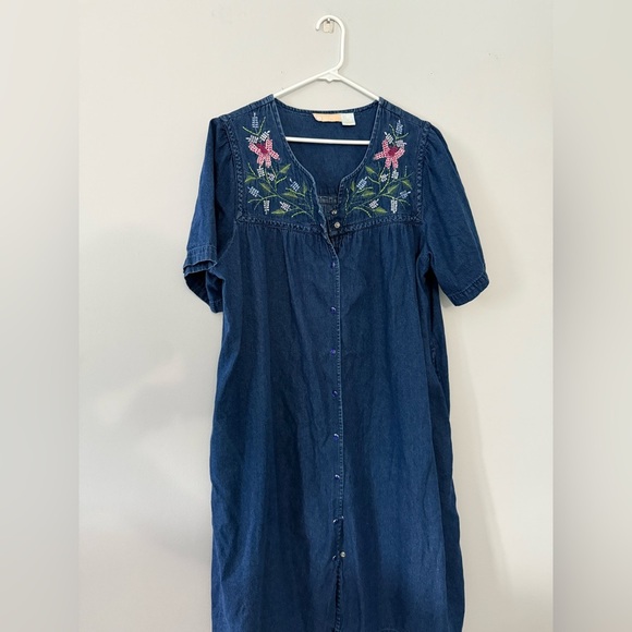VTG La Cera Denim Floral Dress With Pockets Blue Midi Dress Button Down 1X XL - Picture 2 of 8